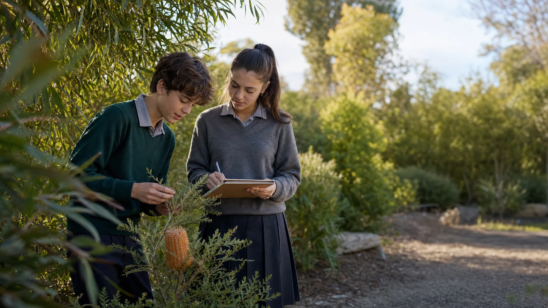 Fictional demonstration of two secondary students recording observations in an unbranded learning garden