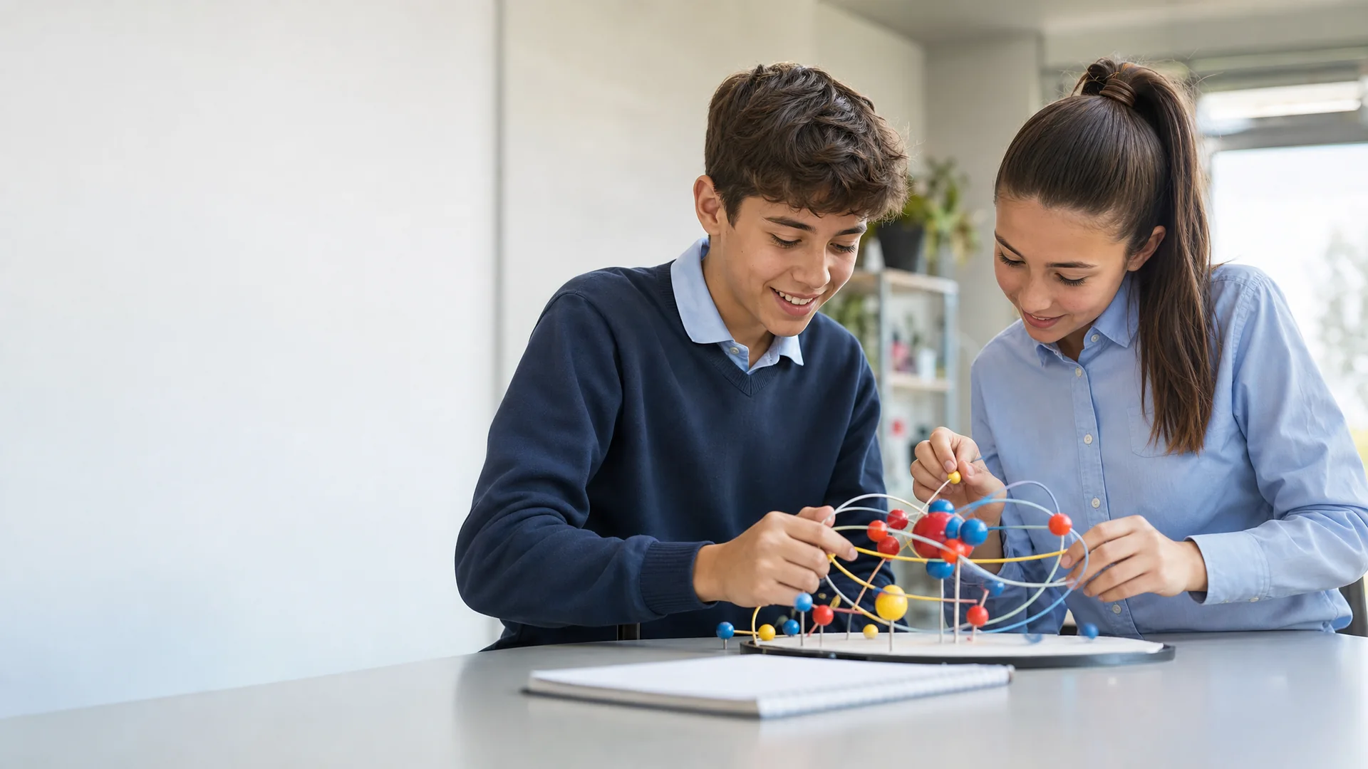 Fictional demonstration of two secondary students collaborating on a colourful science model in an unbranded classroom